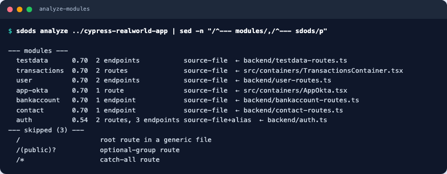 sdods analyze printing the modules block: each module with a confidence score, the number of routes or endpoints, the winning signal and the source file it came from