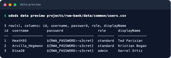 Preview of a users CSV where the password column holds a variable reference rather than a password