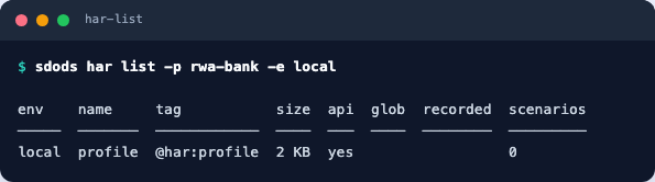 sdods har list output for rwa-bank on the local environment: a single row named profile, tag @har:profile, 2 KB, api yes, with the glob and recorded columns blank and scenarios 0
