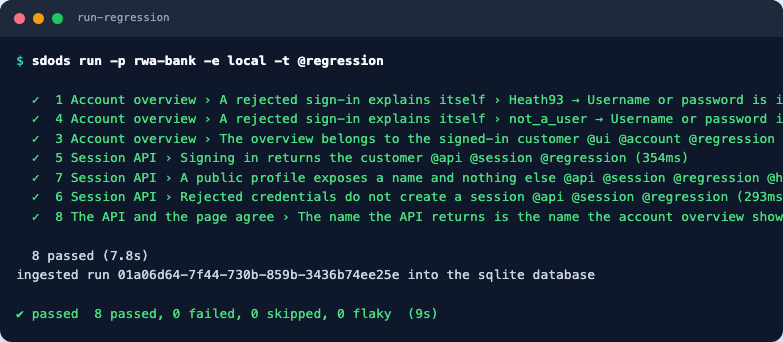Terminal output of a regression run: eight scenarios passed and the run was ingested into the sqlite database