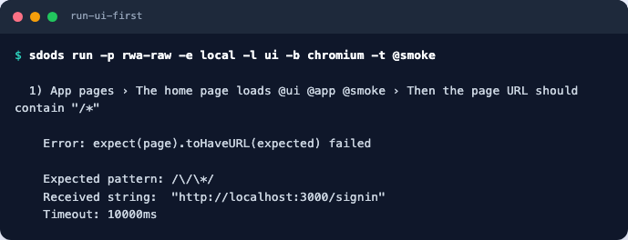 A failing URL assertion showing the expected pattern and the received URL ending in /signin