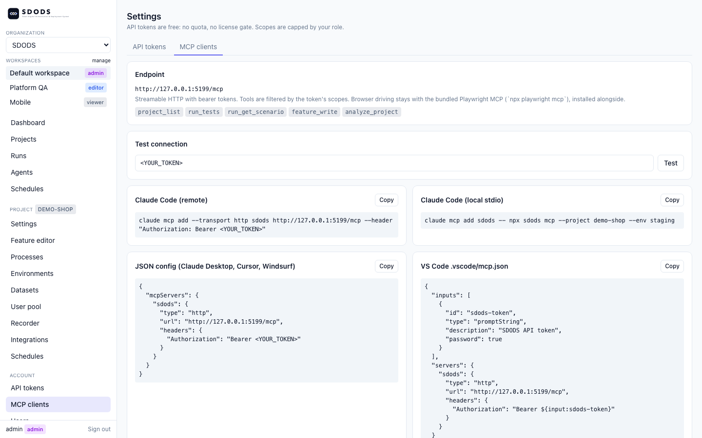 Settings, MCP clients tab: the /mcp endpoint, the tool list a token resolves to, a connection test and copy-ready snippets for Claude Code, Cursor and VS Code