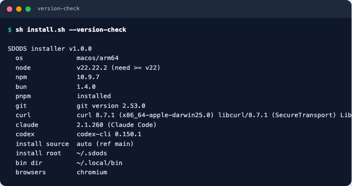 Terminal output of sh install.sh --version-check showing the resolved platform, tool versions and install paths