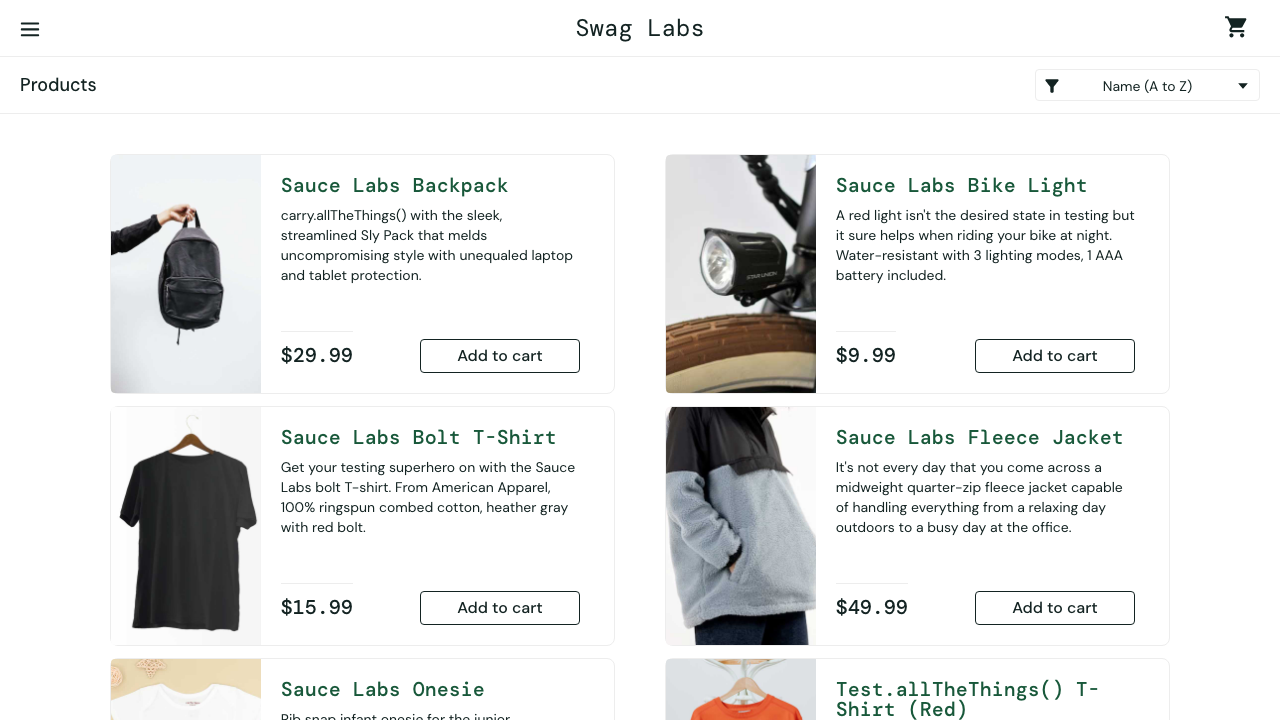 SauceDemo inventory page after the login step