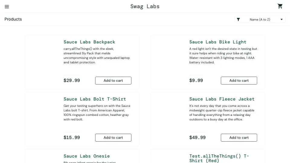 SauceDemo inventory page after the login step