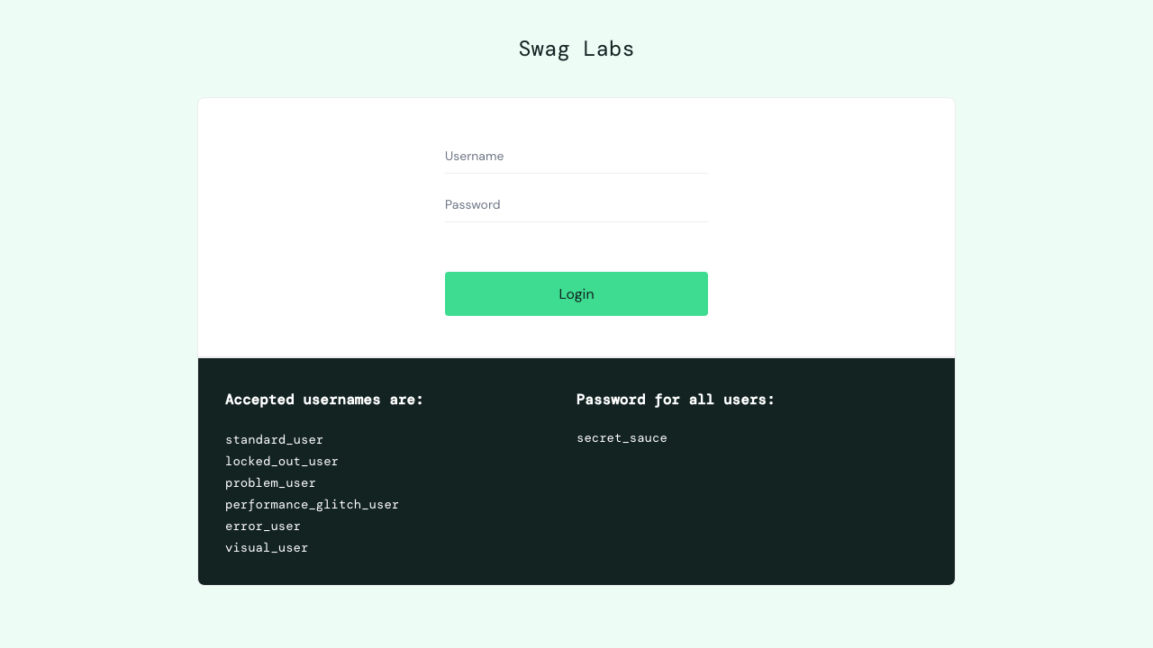 SauceDemo login form filled in, before the login button is clicked