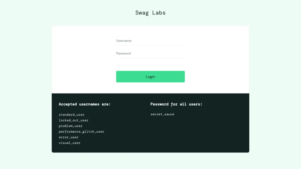 SauceDemo login form filled in, before the login button is clicked