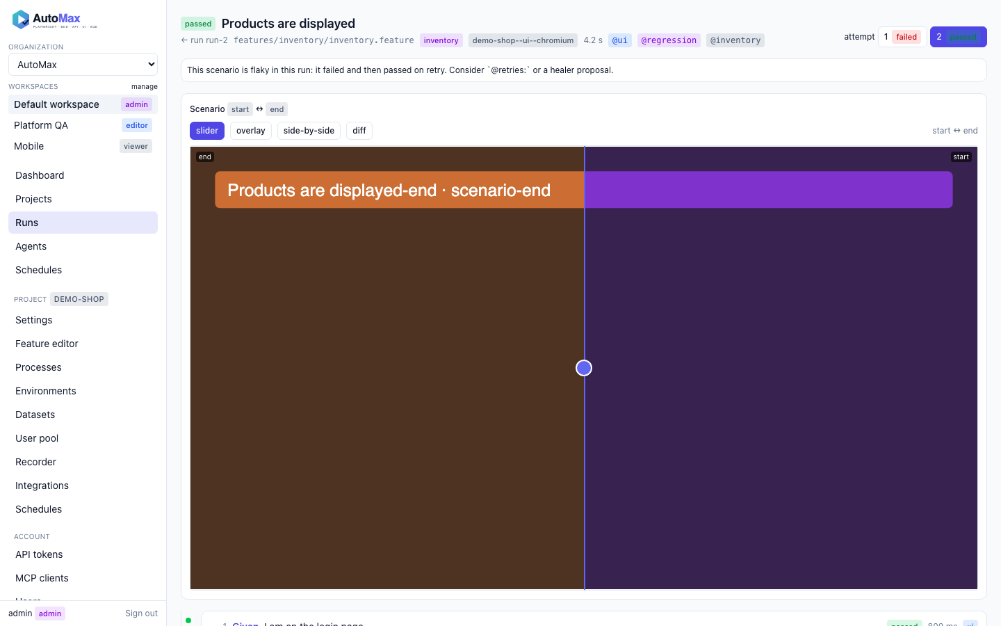 AutoMax run viewer showing the step timeline with a before/after comparison