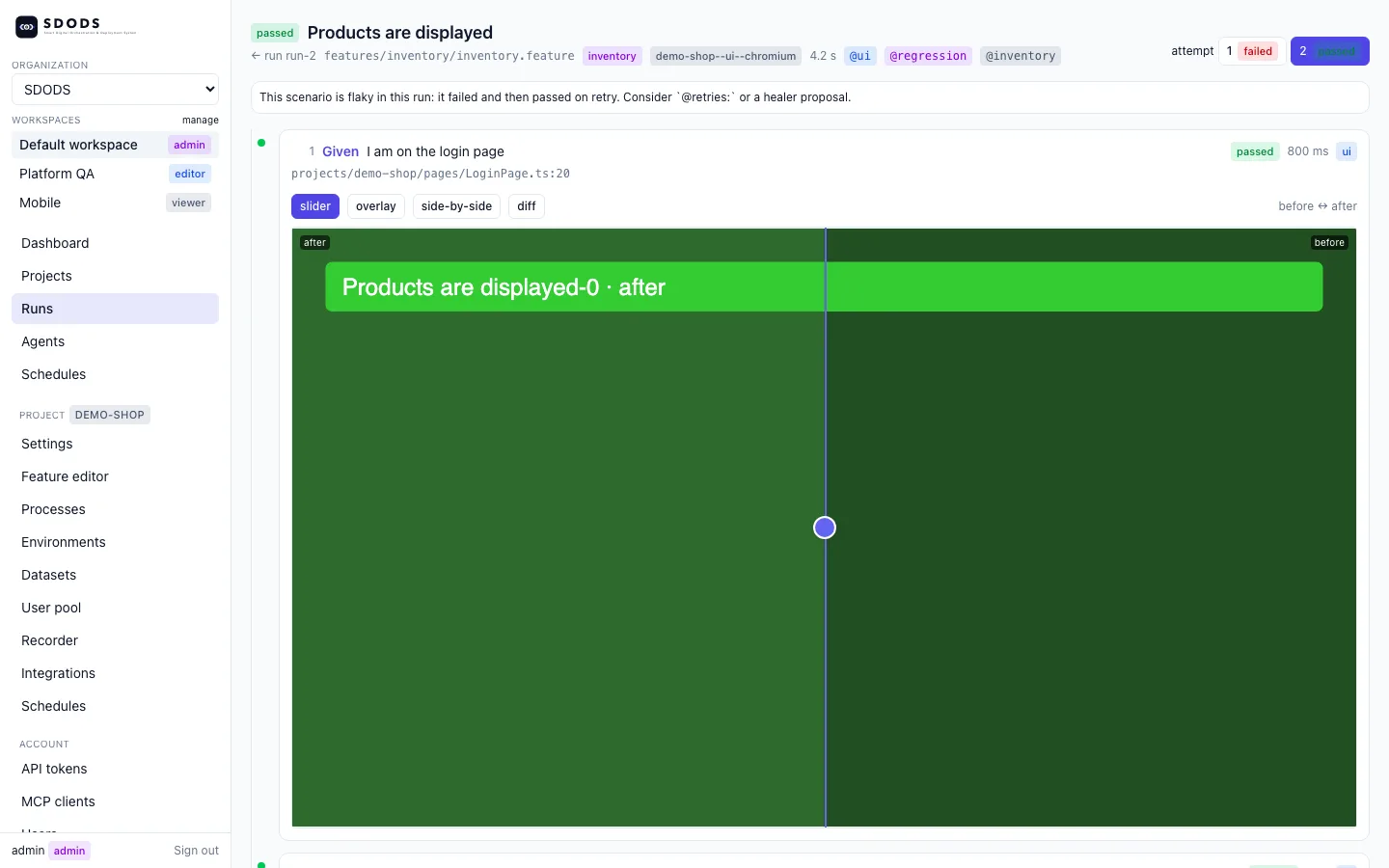 SDODS run viewer showing the step timeline with a before/after comparison